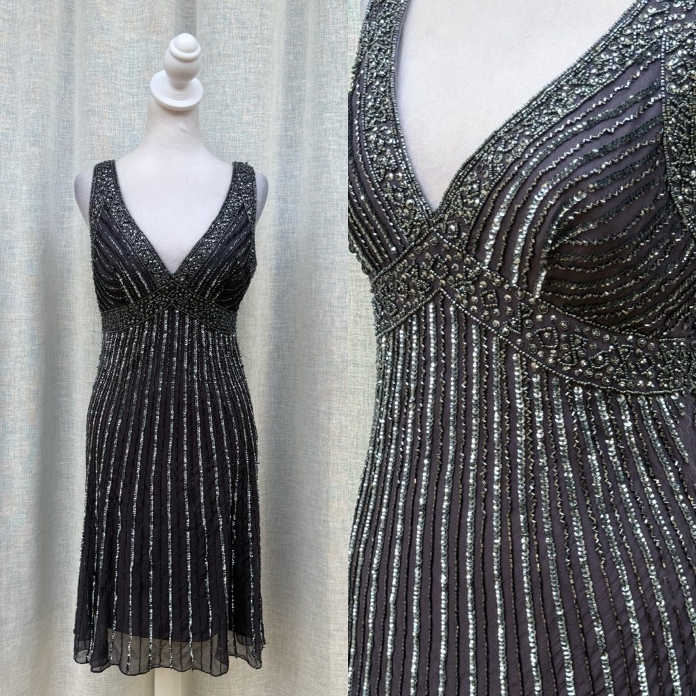 Patra purple navy blue sequin sleeveless b-neck empire waist dress